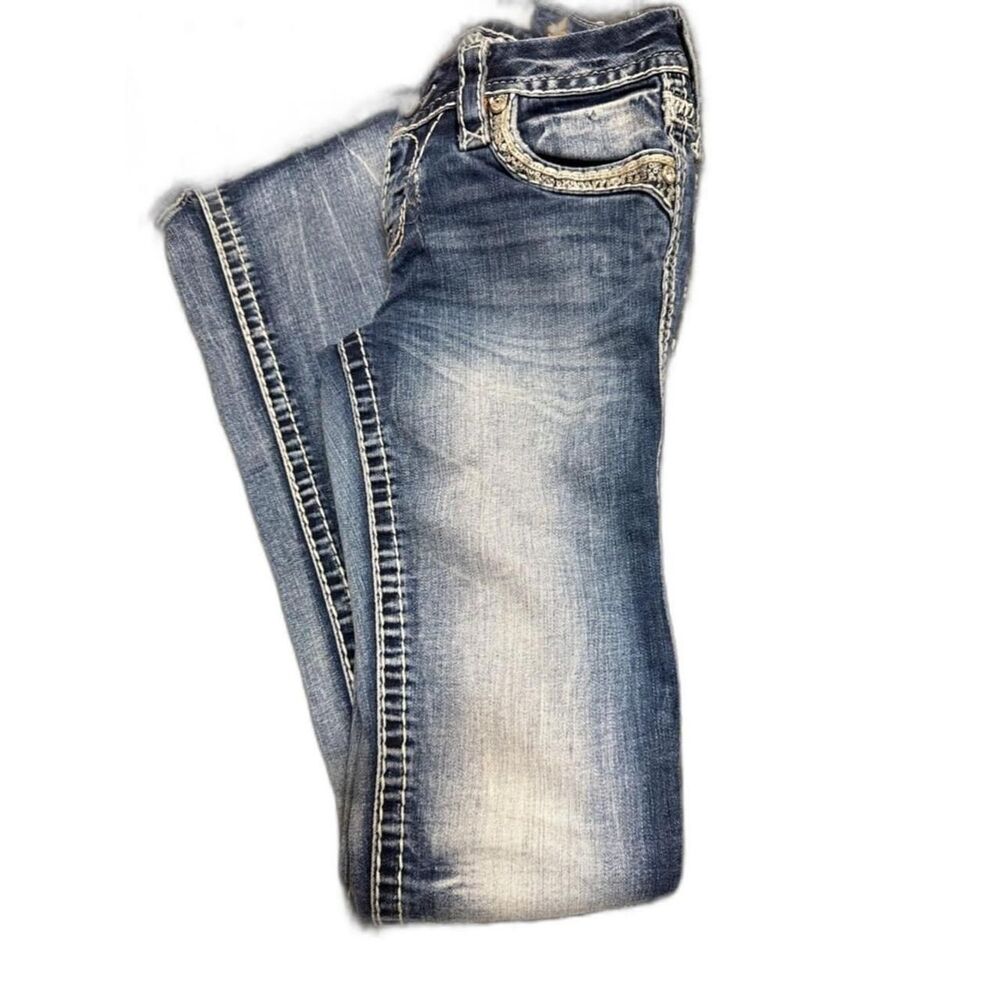 Rock Revival Blue Faded Bootcut Jeans with Embellished Pockets